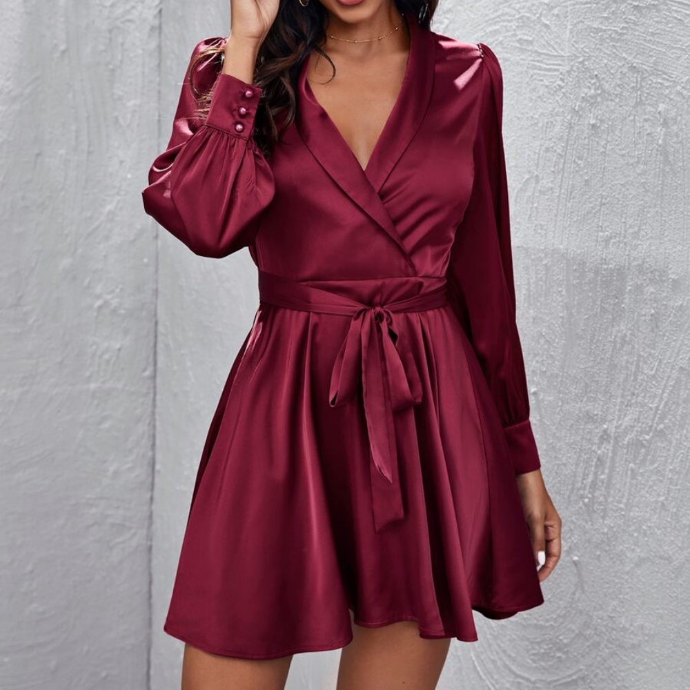 V neck burgundy satin long sleeve ruffle dress Party